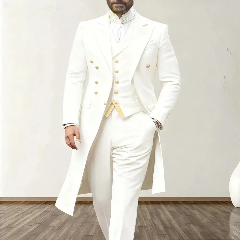 Men Suits 3 Piece Long Blazer Vest Pants Satin One Button Tuxedo LADYLYS