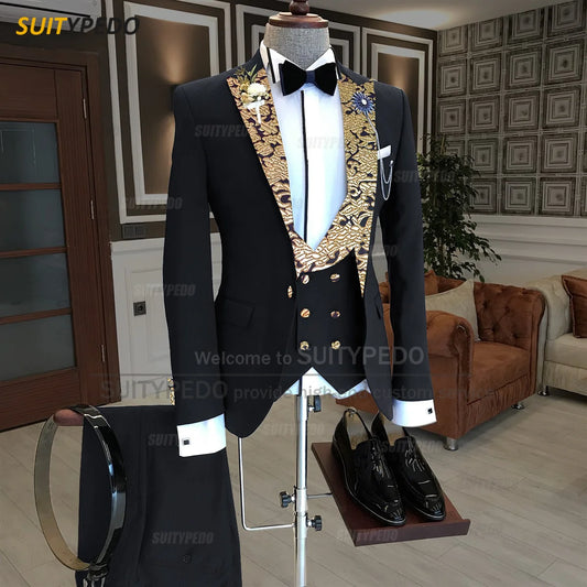 Costume de luxe pour hommes, 3 pièces, col imprimé doré, Costume élégant veste, gilet, pantalon, Tuxedos à la mode