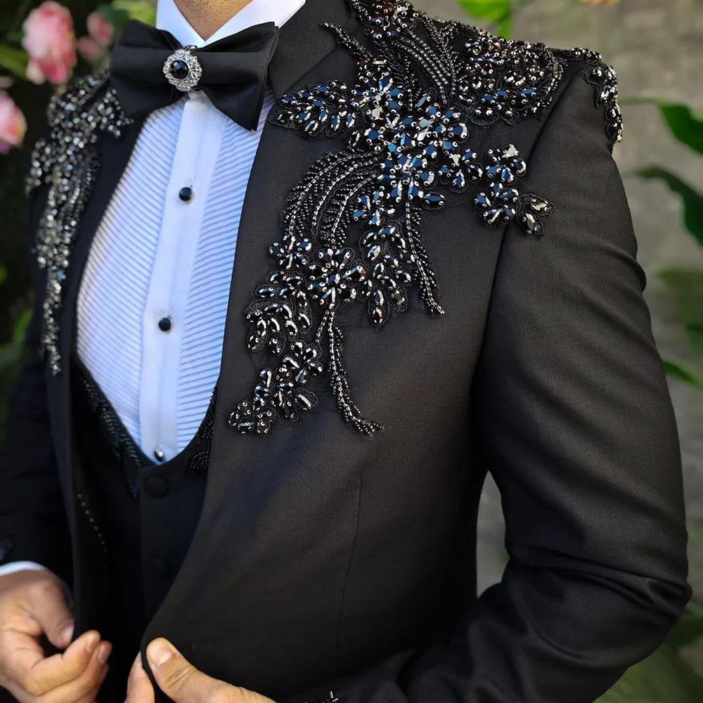 Costume de soirée formel pour homme, smoking de mariage, avec perles noires et pierres précieuses