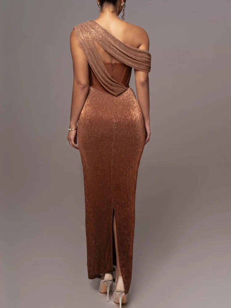 Robes de soirée pour femmes Sexy marron une épaule longue moulante robe bandage