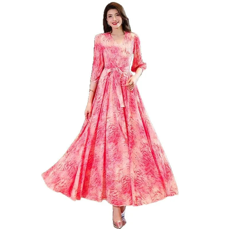 V-Neck Printed Maxi Dress Women's Flared Slimming Gown Polyester Fabric 3D Effect Floral Print LADYLYS