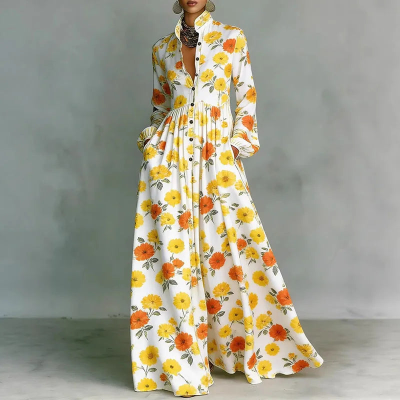 Print High Waist Pleated Woman Spring Shirt Collar Button Pockets Maxi Dress LADYLYS
