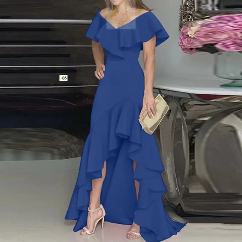 Beauty style elegant V-neck ruffled irregular elegant dress LADYLYS
