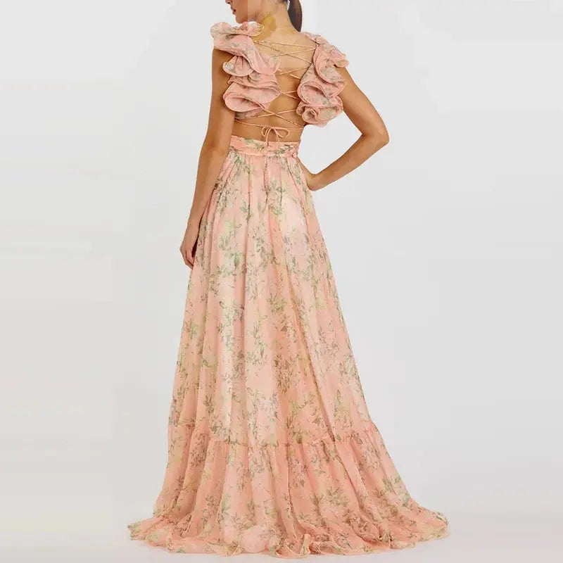 V Neck Sleeveless Vacation Print Swing Dress Fashion Floral Ruffle Strap Elegant LADYLYS