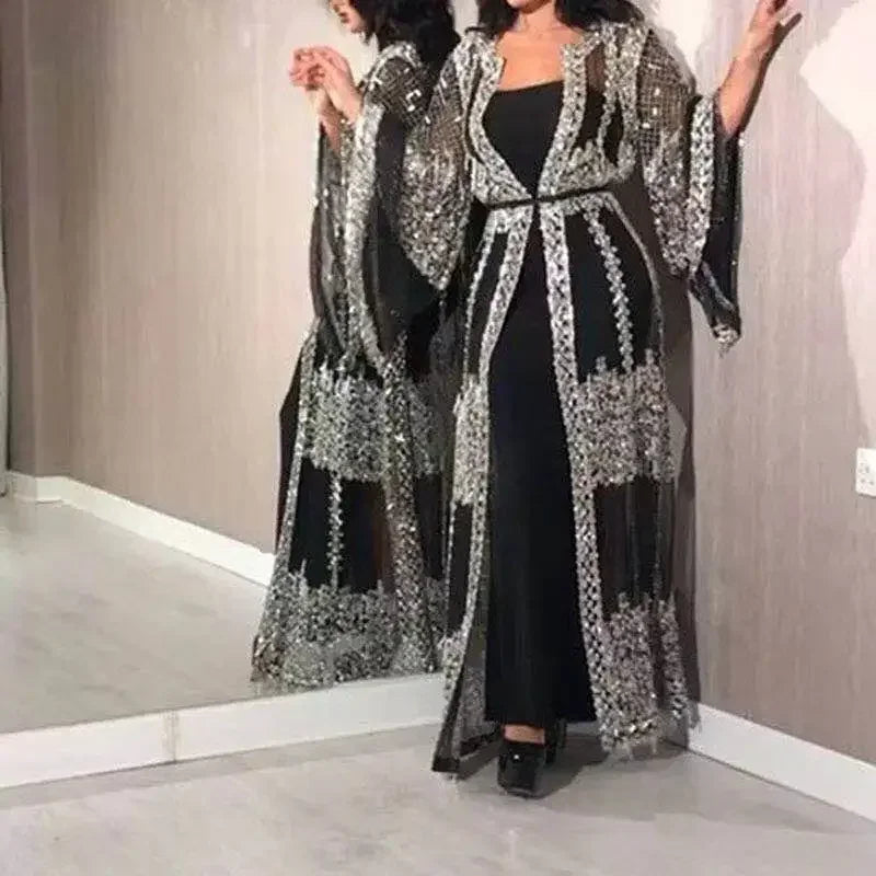 Sequined Maxi Dress with Belt, Large Swing Type, Loose Full Flare Sleeve, muslim Dress,  2 Pieces Set LADYLYS