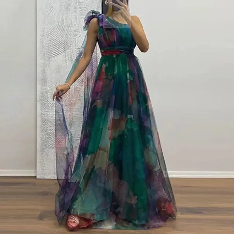 Sexy Slanted Neck Bow Tie Up Slim Long Dress Elegant Mesh Waist Banquet Dress LADYLYS