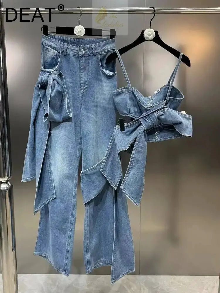 Women's Bows Bandage Denim Sling Vest High Waist Wide Leg Straight Jeans LADYLYS