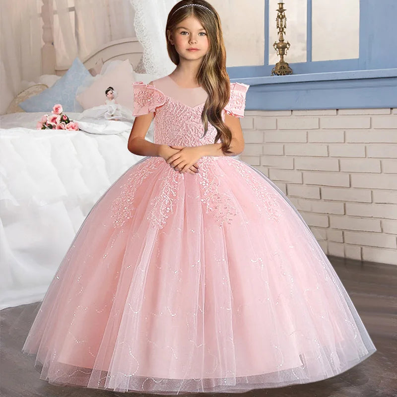 Robe de mariée à fleurs pour filles, tenue longue de princesse en Tulle pour enfants