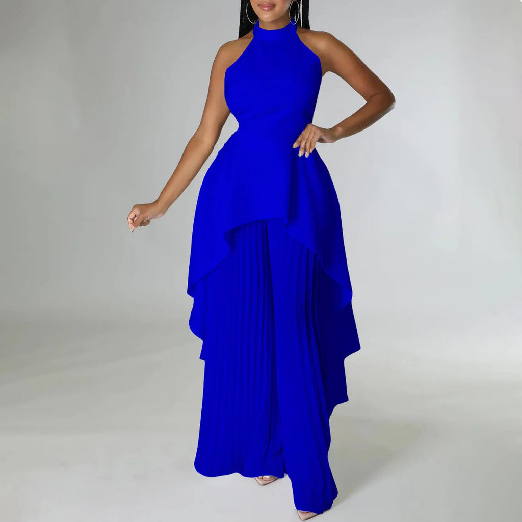 Elegant Tow Piece Set Women Outfit Backless Top Hundred Pleated Wide Leg Pants LADYLYS