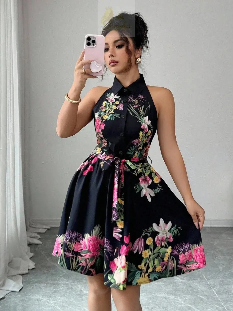 Printed Waist Halterneck Tie Dress Elegant LADYLYS