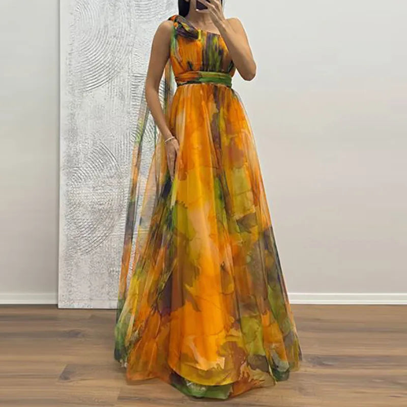 Sexy Slanted Neck Bow Tie Up Slim Long Dress Elegant Mesh Waist Banquet Dress LADYLYS