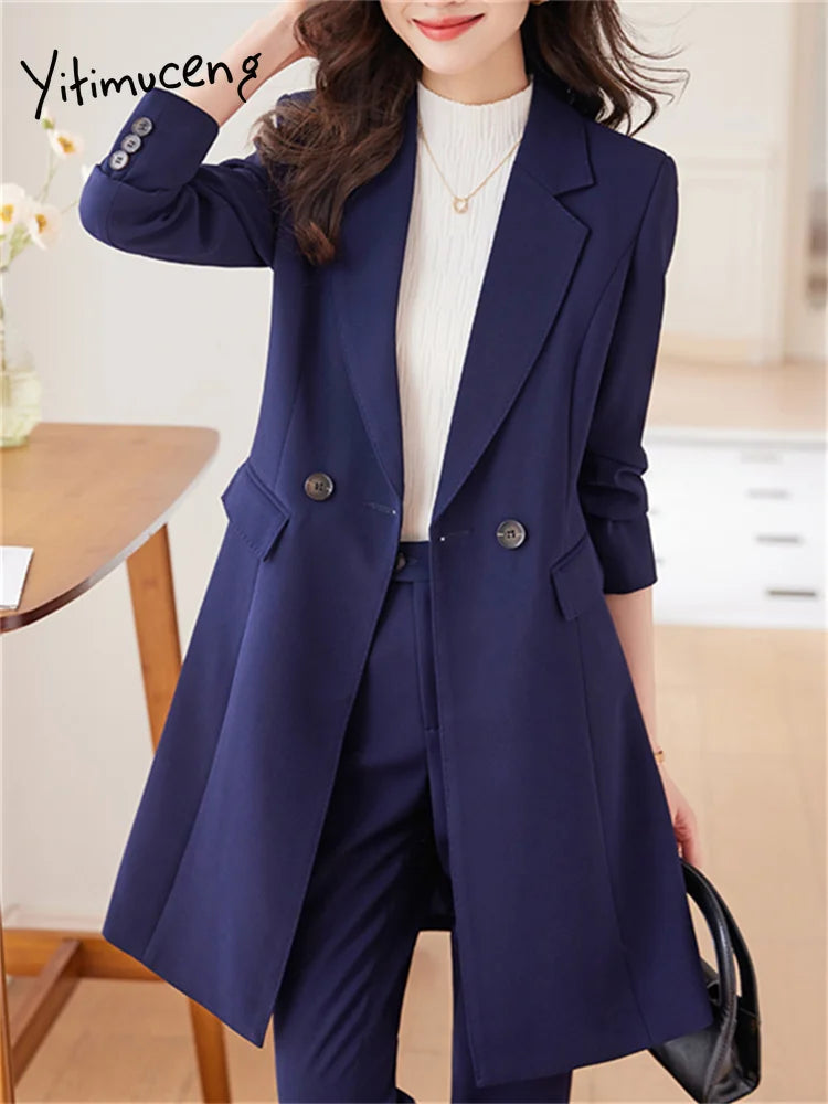 Yitimuceng – ensemble de bureau, nouvelle mode, manches longues, col rabattu, Long Trench, blazer pantalon Vintage