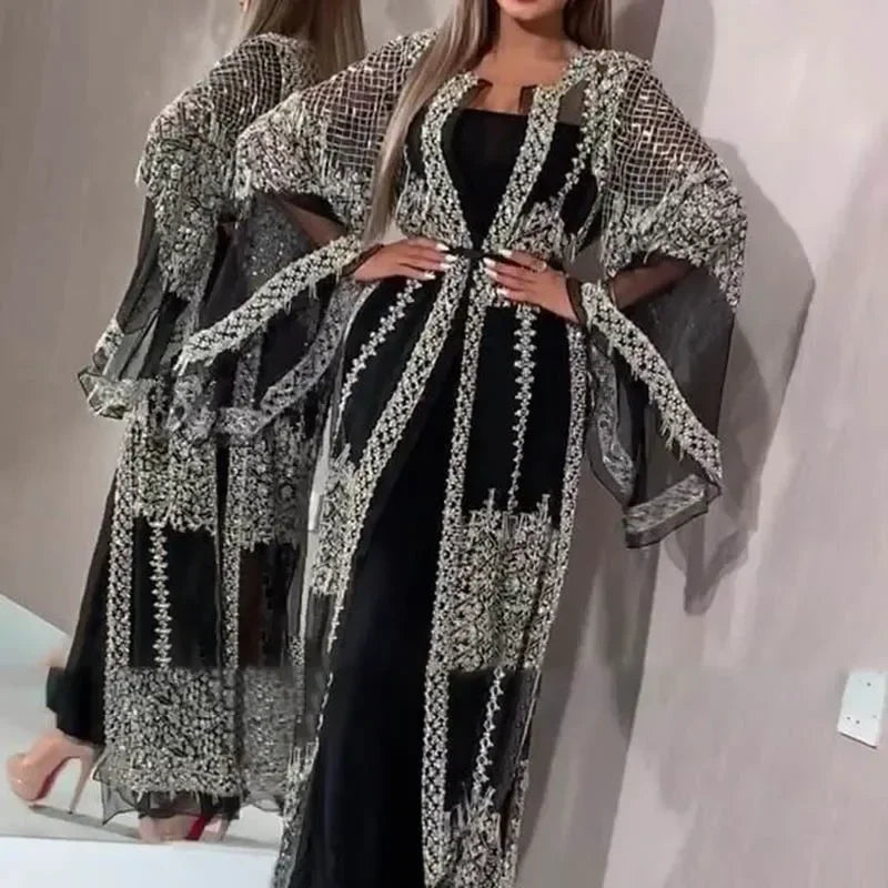 Sequined Maxi Dress with Belt, Large Swing Type, Loose Full Flare Sleeve, muslim Dress,  2 Pieces Set LADYLYS