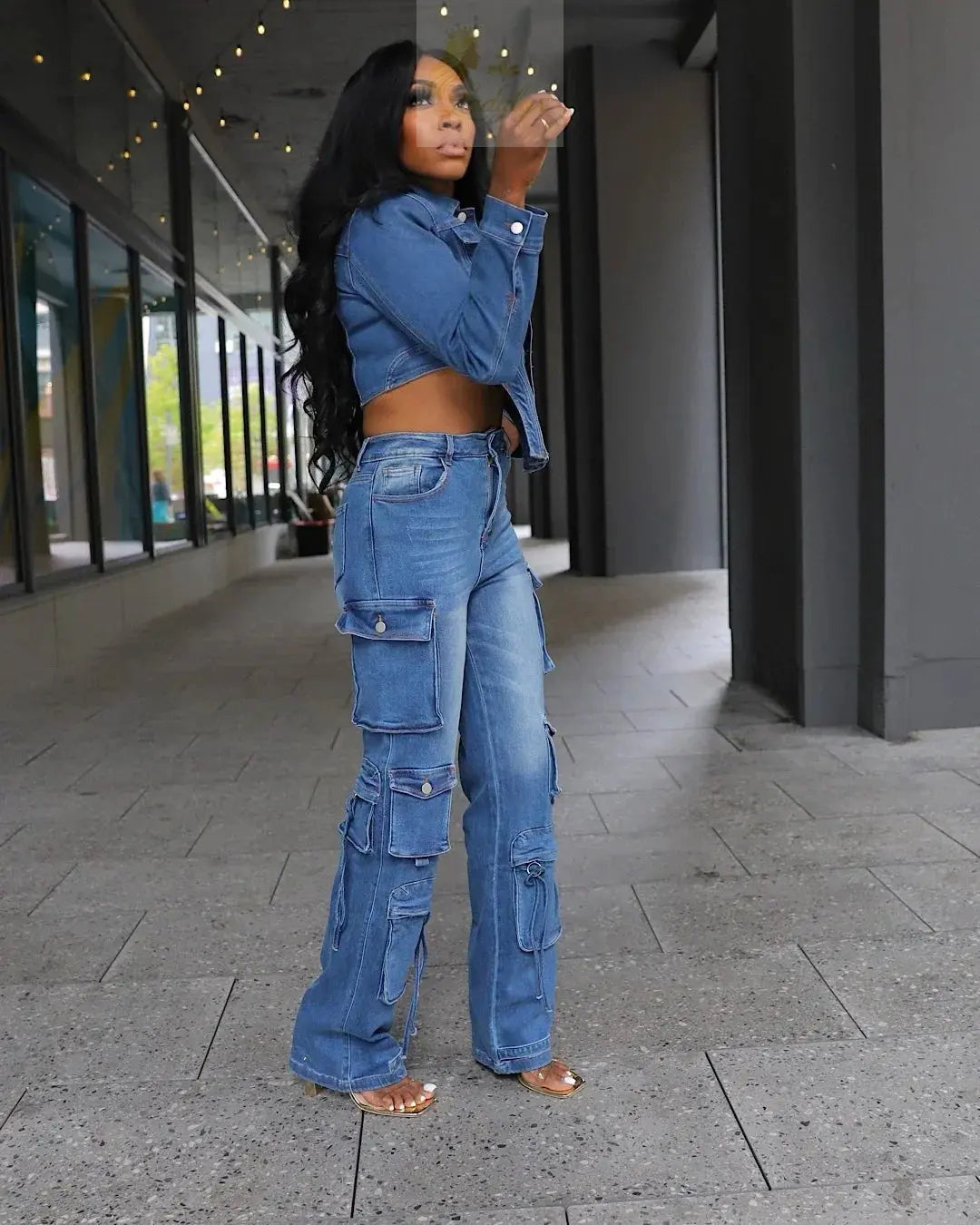 Washed Denim Women's Set Full Sleeve Button Fly Jacket and Pockets Cargo Jeans Pants Suit LADYLYS