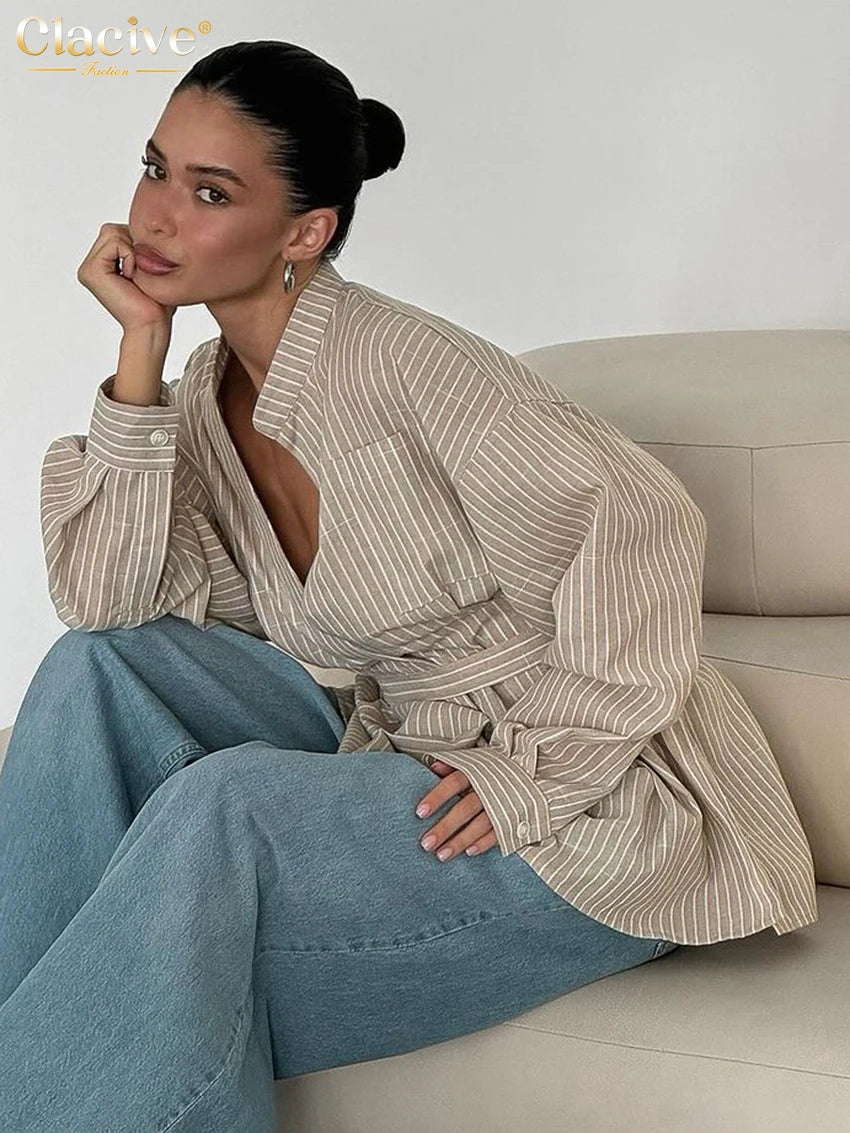 Clacive Vintage Loose Brown Stripe Women Shirts Collar Long Sleeve Shirt Elegant