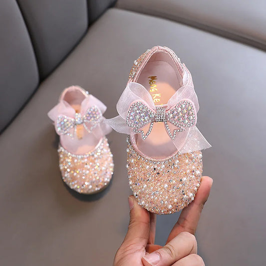 AINYFU Nouvelles chaussures en cuir à paillettes pour enfants Filles Princesse Strass Bowknot