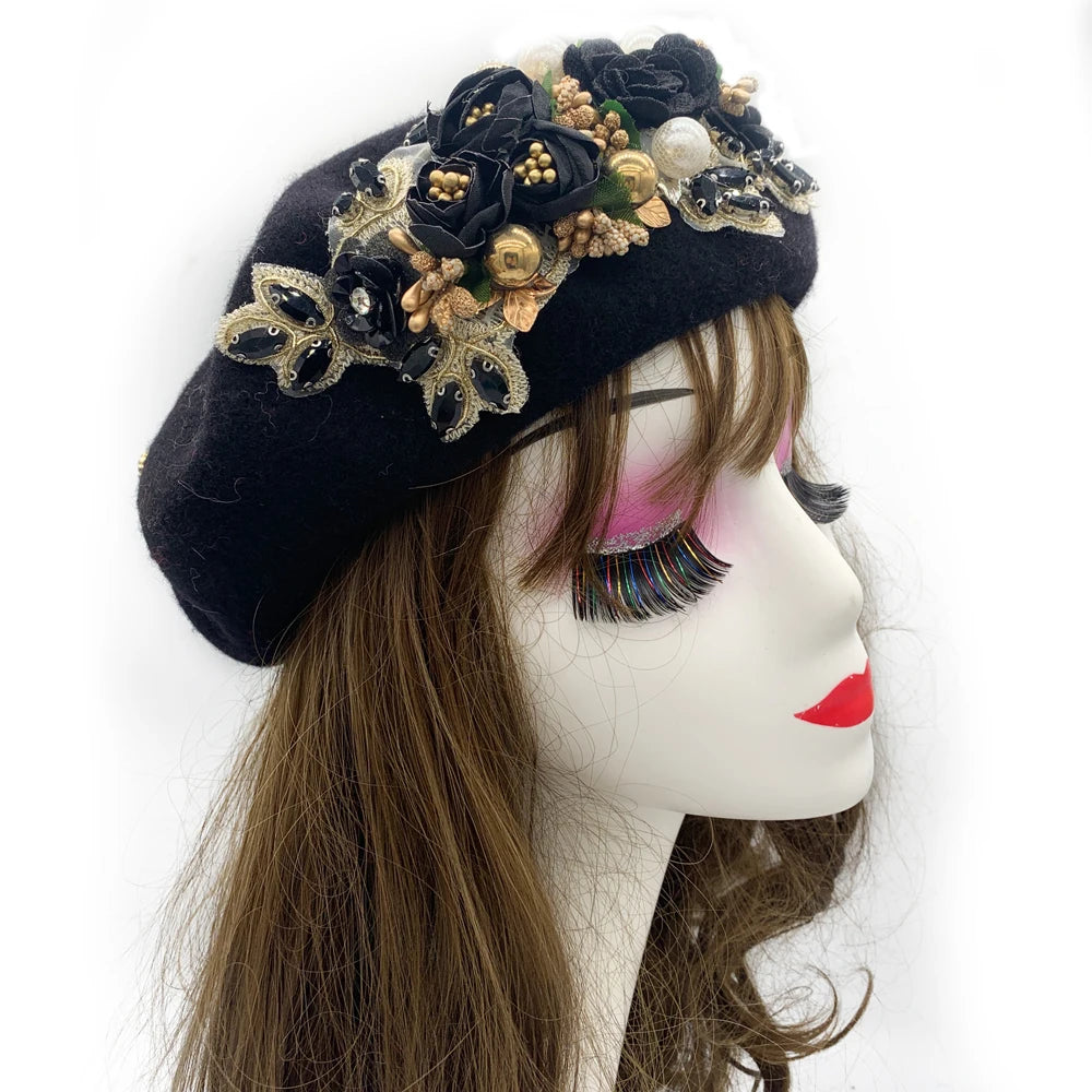 Béret Fleur Diamants Turban Casquette Femme Tête Enveloppante Bonnet