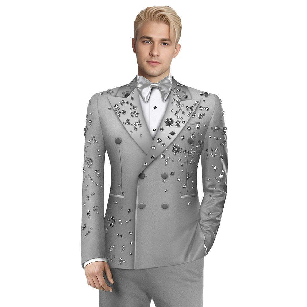 Olibexley Luxe 2 Pièces Costumes pour Hommes Perles Décoration