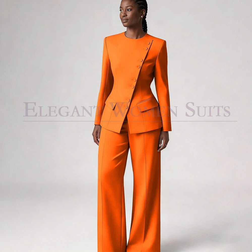 Single Breasted Women's Suits Blazer Luxury O-neck Regular Length 2 Piece LADYLYS