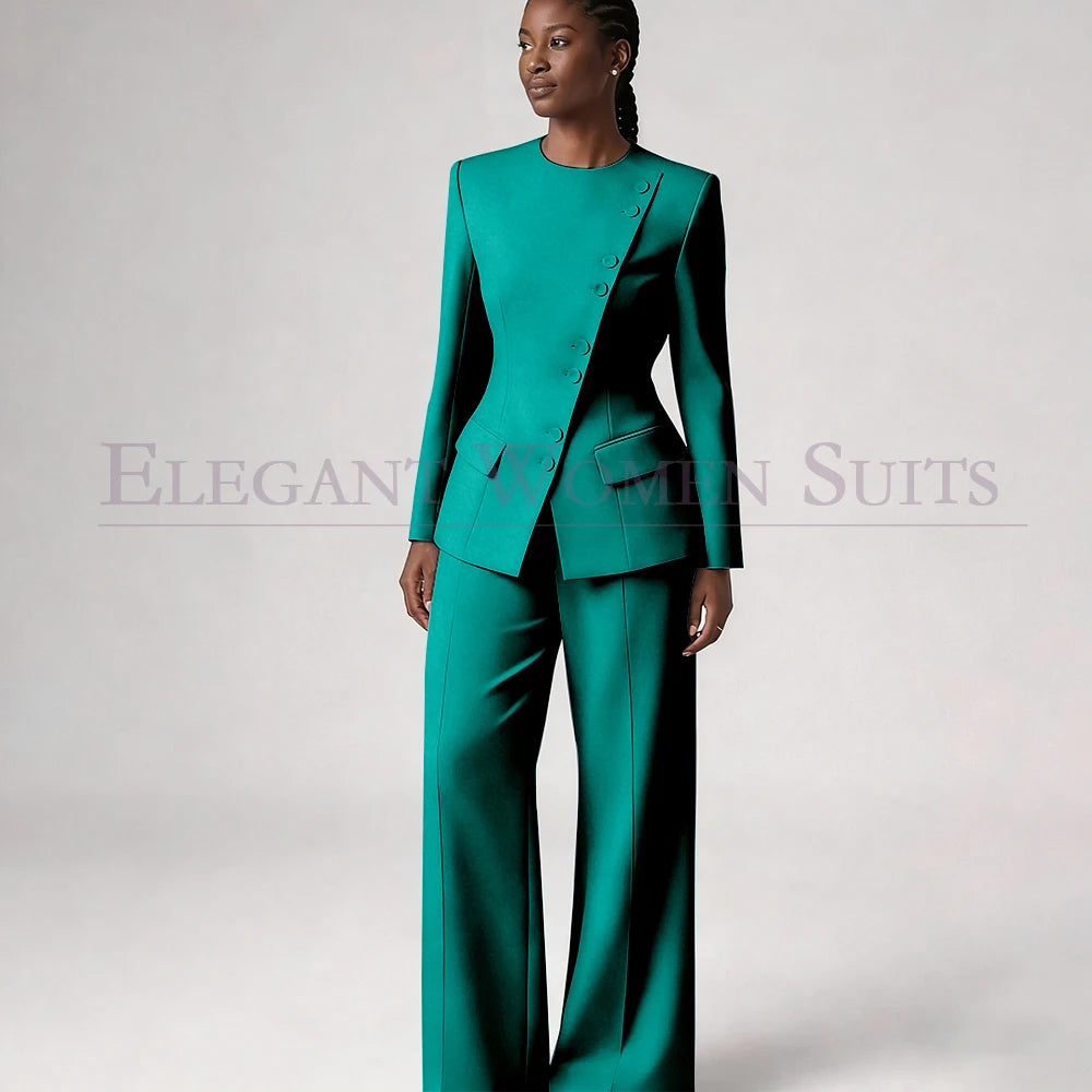 Single Breasted Women's Suits Blazer Luxury O-neck Regular Length 2 Piece LADYLYS