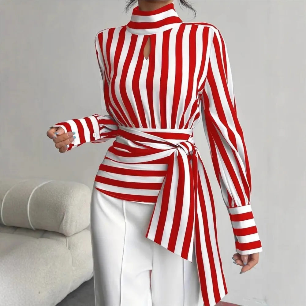 Fashion Trendy Women Black White Contrast Striped Shirt Autumn New Retro Scarf Collar Long-sleeved Elegant Female Pullover Shirt LADYLYS