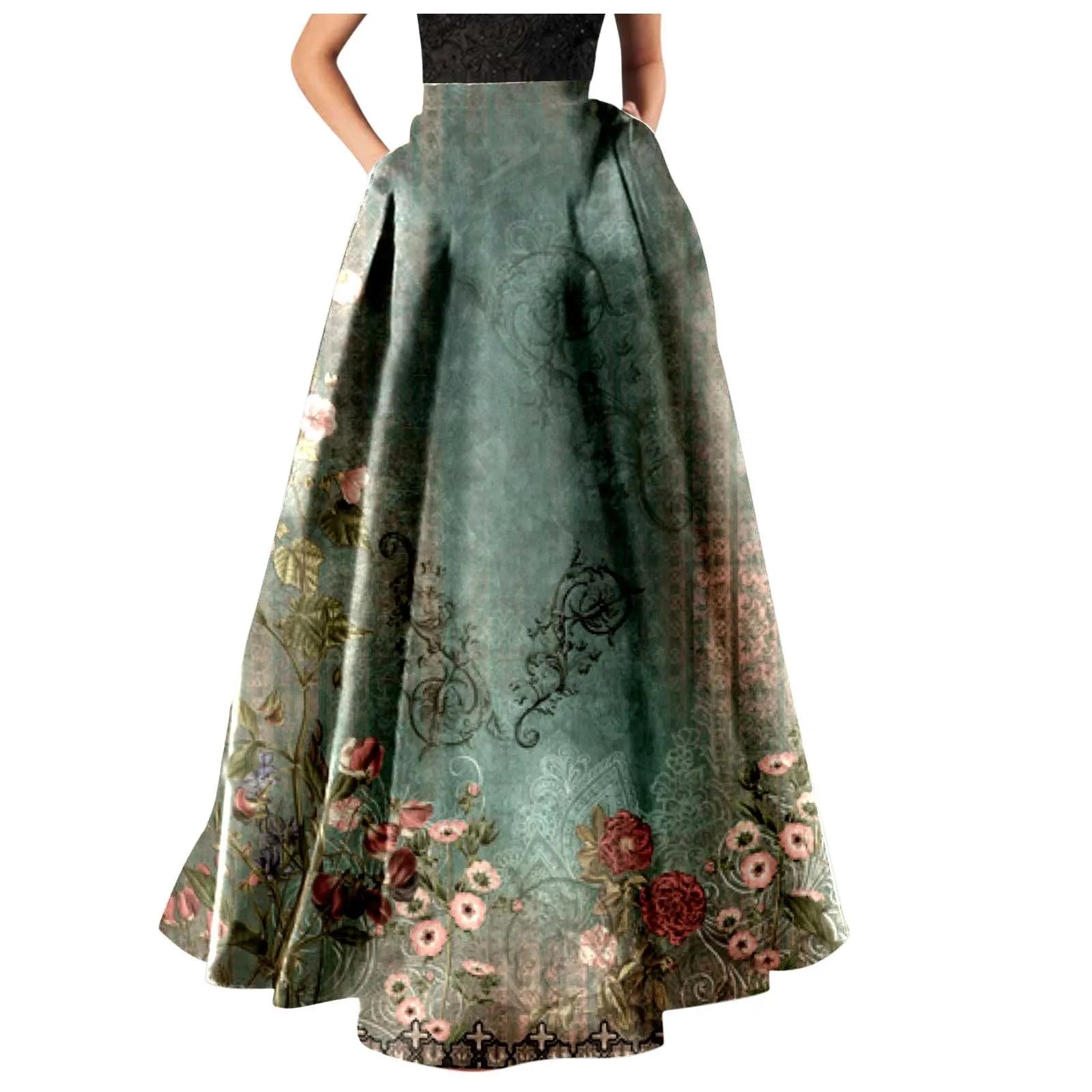High Waist Pocket Skirts For Women Fashion Bohemian Floral Print Maxi Skirt LADYLYS