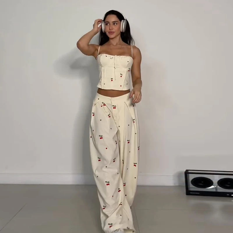 Sexy Print Vest Pants Women Set Beach Patchwork Slash Neck Lace Up Top LADYLYS