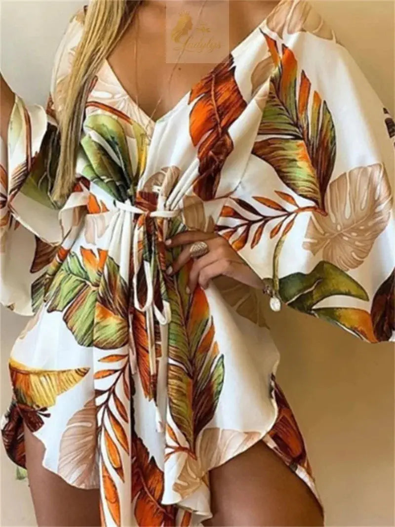 Print Dress Sexy V-Neck Bat Sleeve Ruffl Flowers Mini LADYLYS