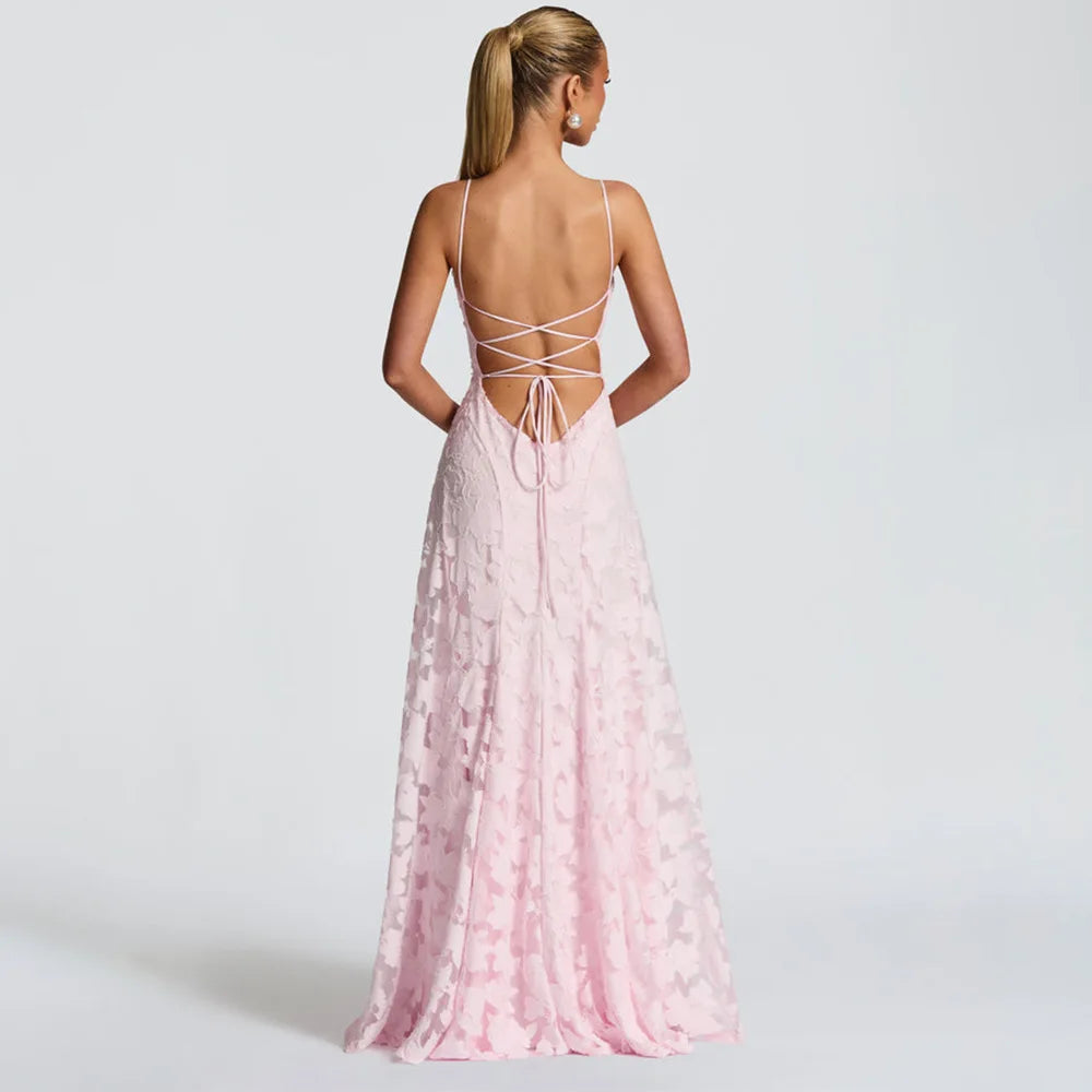 Jacquard Chiffon Long Dress Women's Backless Bandage LADYLYS