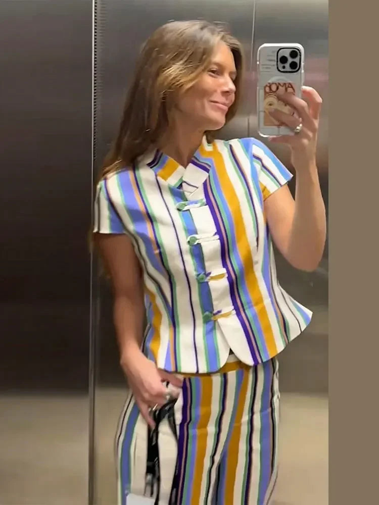 Casual Striped Shirt Trouser Suits Women Short Sleeve V-Neck Button Top LADYLYS