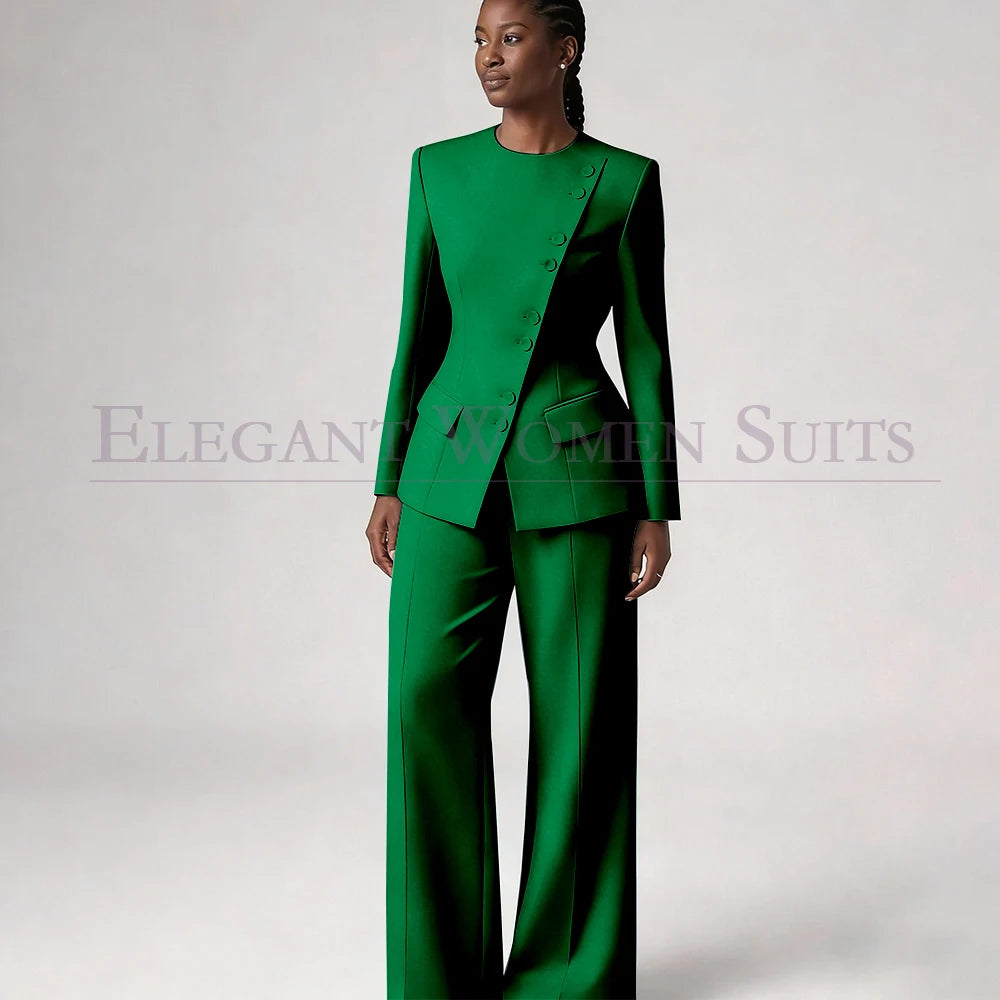 Single Breasted Women's Suits Blazer Luxury O-neck Regular Length 2 Piece LADYLYS