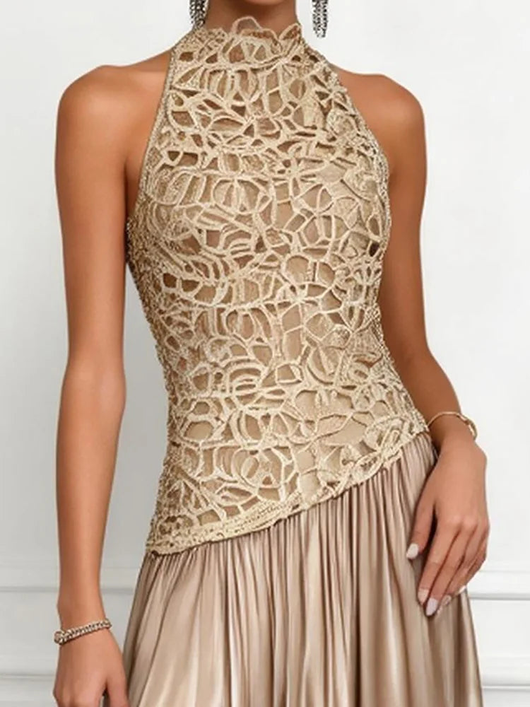Women Sleeveless Patchwork Maxi Dress Elegant Stand Collar Chic LADYLYS