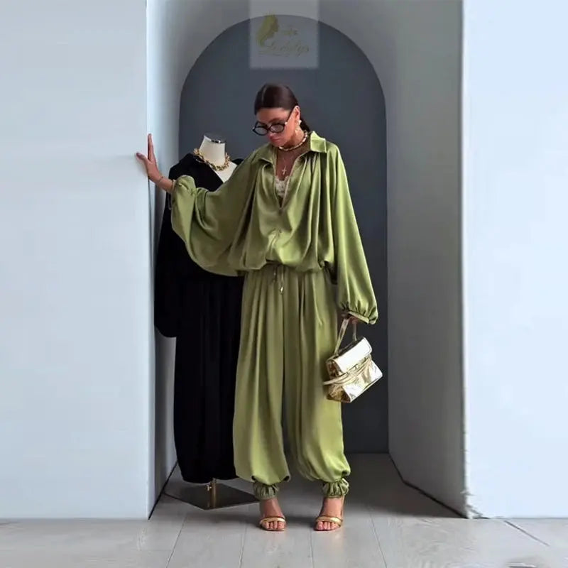 Casual Loose Pleated Shirt Pants Suit Women Solid Full Lantern Sleeve Zipper Shirts Wide Leg LADYLYS