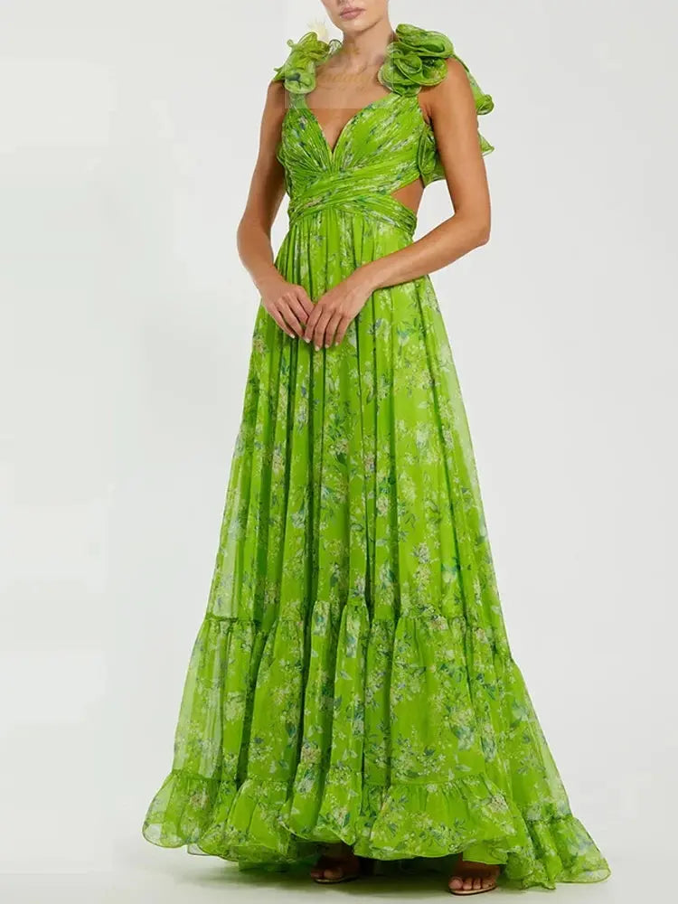V Neck Sleeveless Vacation Print Swing Dress Fashion Floral Ruffle Strap Elegant LADYLYS