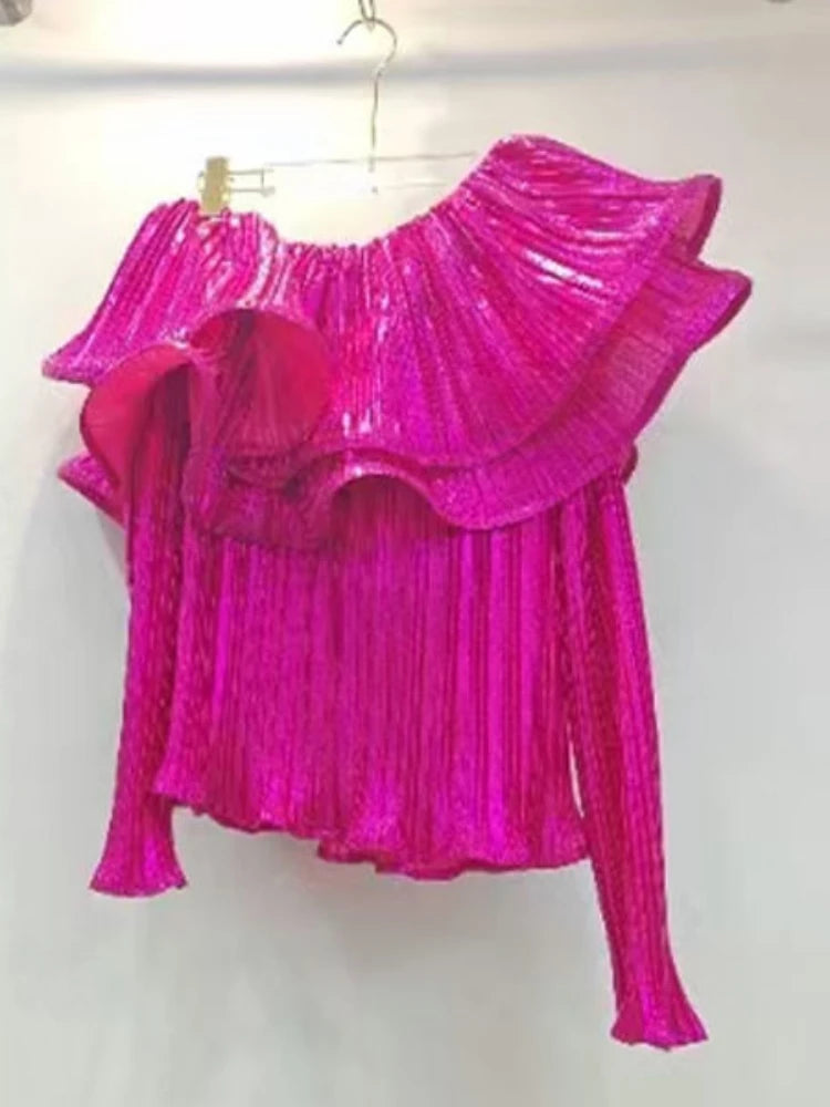 Camisas Solid Slash Neck Ruffled Long Sleeve Sexy Shirts Vintage Blouses