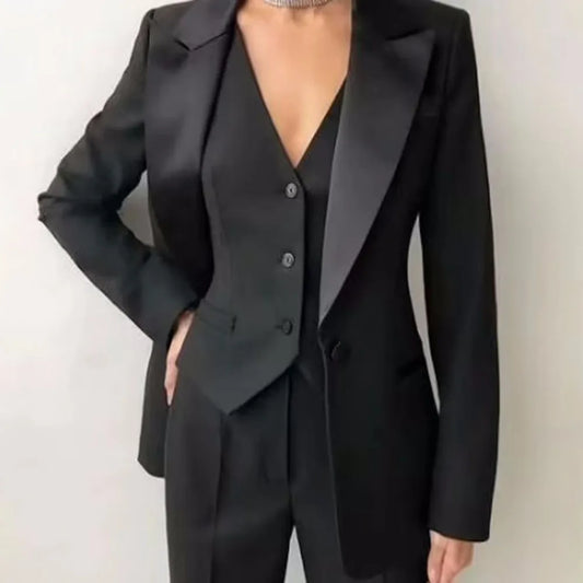 Costume simple 3 pièces noir pour femme, veste en coton sur mesure avec pantalon sur mesure