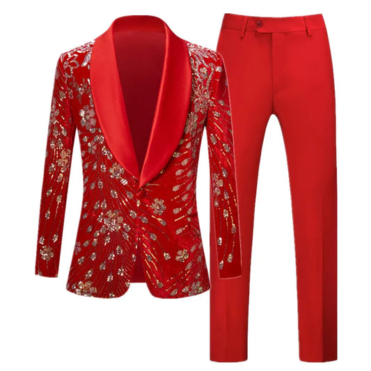 Costume à paillettes pour homme de marque à la mode 2 pièces rouge / bleu / noir pour homme, veste blazer et pantalon de luxe