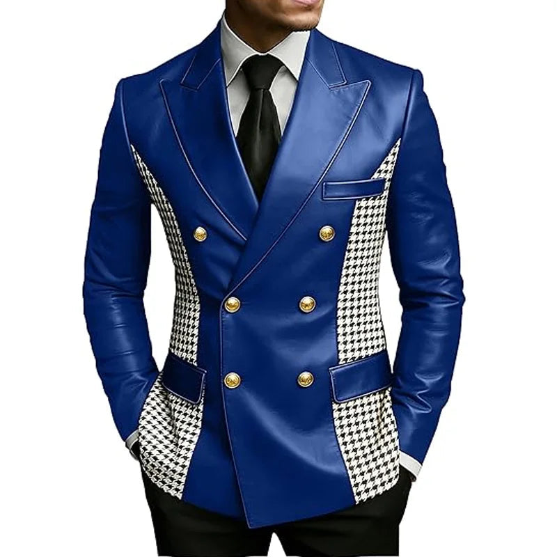 Leather Blazer With Houndstooth Sides Vintage Two-Tone Double Breasted LADYLYS