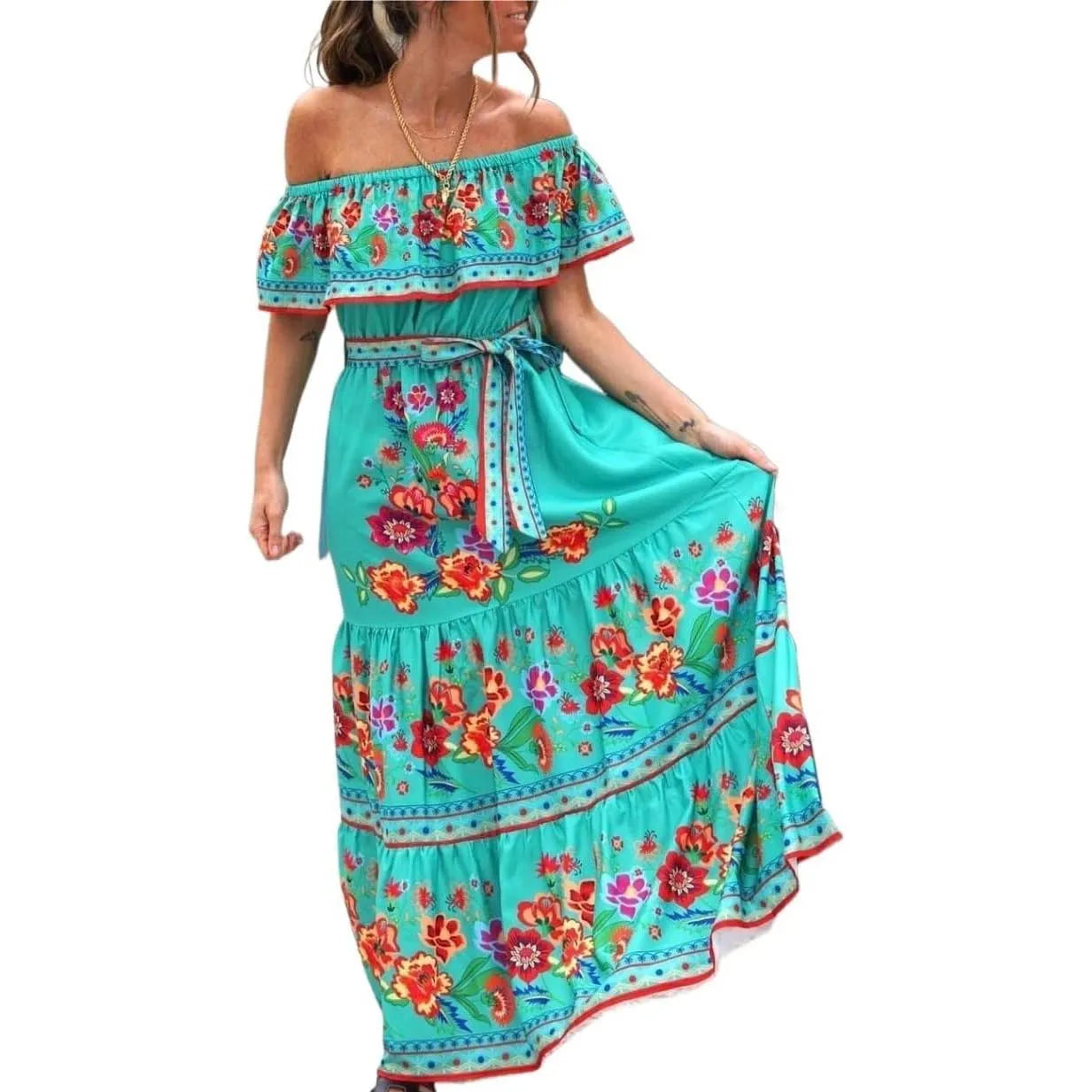 Ethnic Mexican Cinco De Mayo Summer Floral Print Off Shoulder Dress LADYLYS