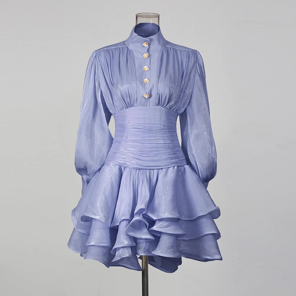 Solid Spliced Ruffles Dress Female Stand Collar Long Sleeve Loose French Elegant LADYLYS