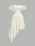 Elegant Lace One-Shoulder Midi Classy Asymmetrical Dress LADYLYS