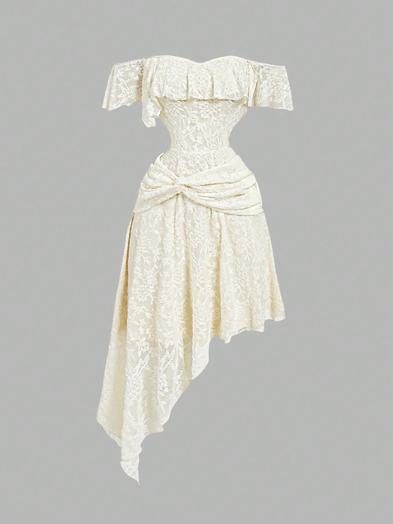 Elegant Lace One-Shoulder Midi Classy Asymmetrical Dress LADYLYS