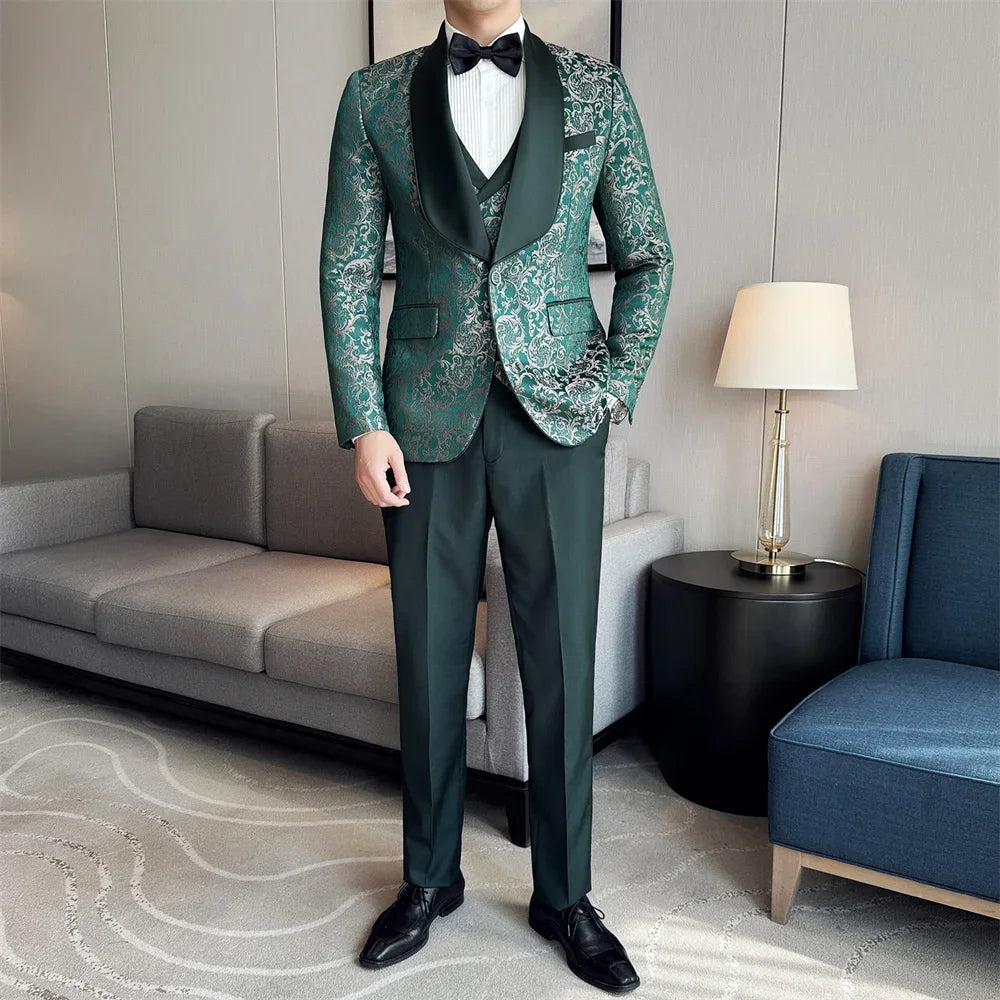 Costume 3 pièces en jacquard vert pour homme, veste de soirée de mariage avec gilet et pantalon