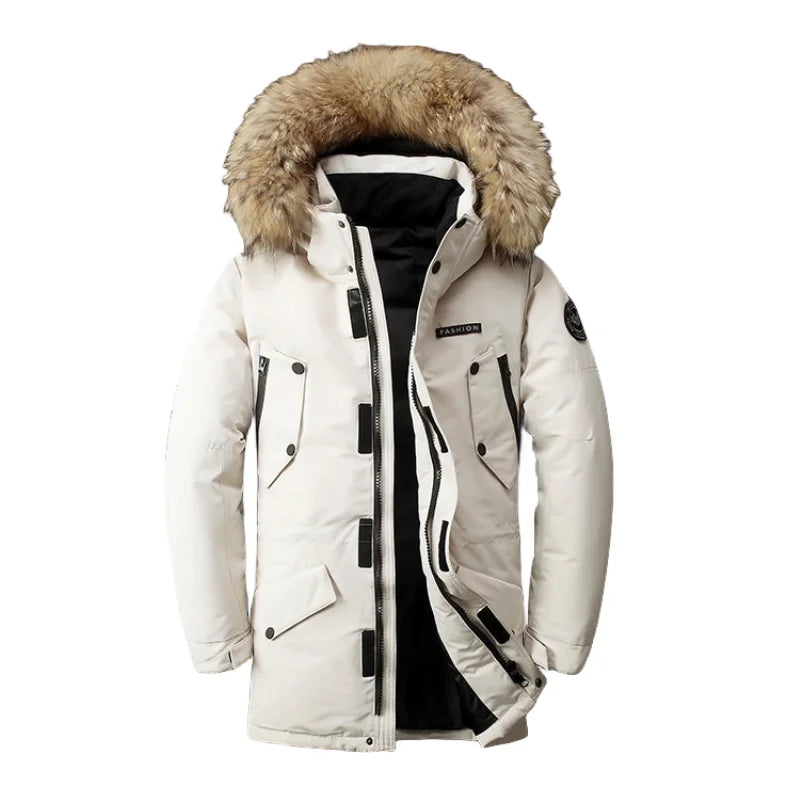 Manteau en duvet de canard blanc épais pour homme, vêtement d'hiver mi-long avec col en fourrure amovible