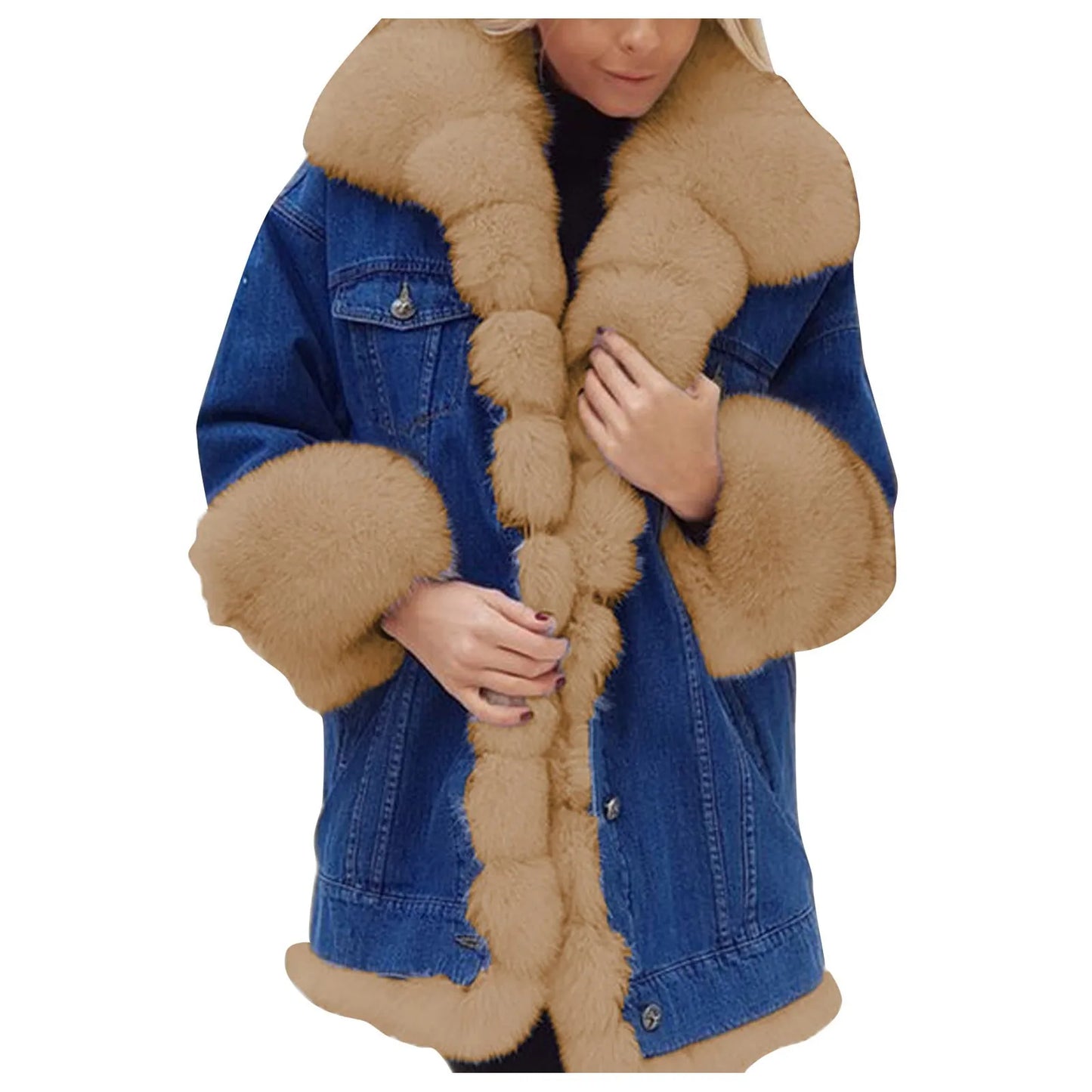 Veste en jean à fourrure intégrée pour femme avec chaleur en peluche Tendance à la mode Ample Confortable Polyvalent Manches longues