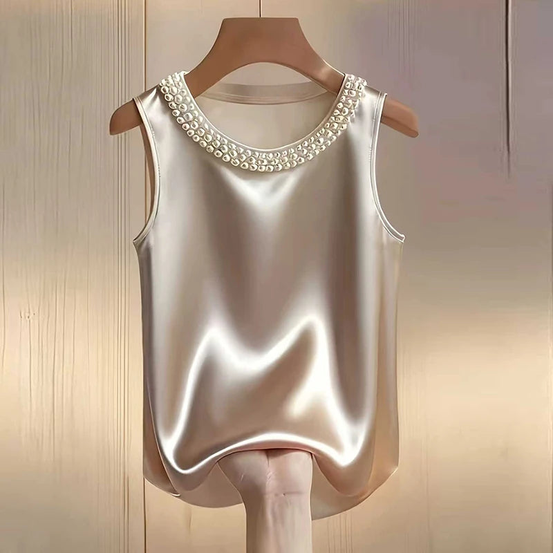 Elegant Satin Shirt Women Summer Bead Design Silk Blouse Women T-Shirts Fashion Loose Vest Women Tank Tops Fashion Lady Tee LADYLYS