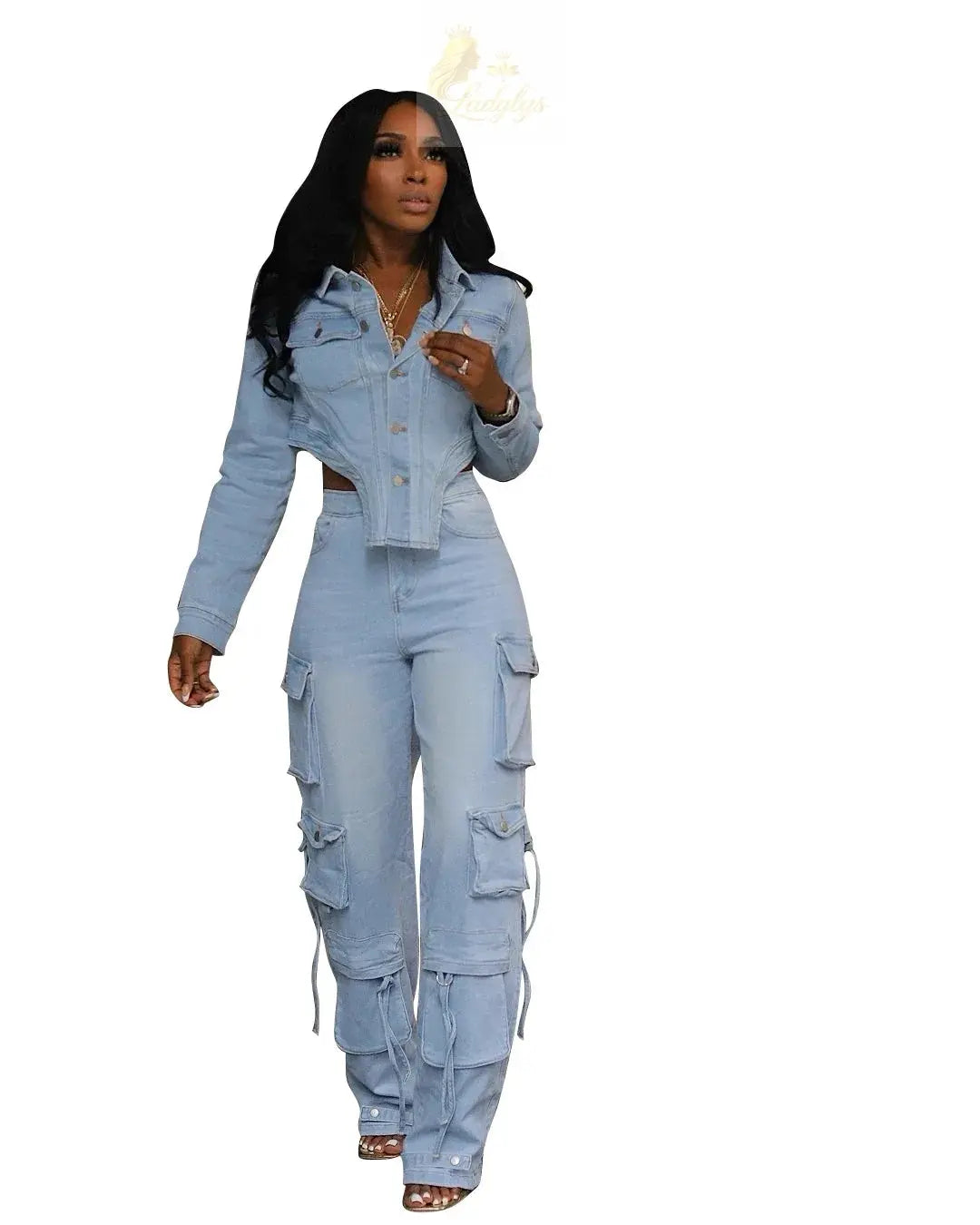 Washed Denim Women's Set Full Sleeve Button Fly Jacket and Pockets Cargo Jeans Pants Suit LADYLYS