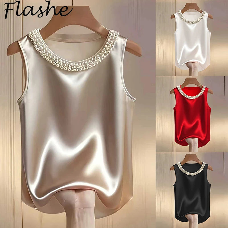 Elegant Satin Shirt Women Summer Bead Design Silk Blouse Women T-Shirts Fashion Loose Vest Women Tank Tops Fashion Lady Tee LADYLYS