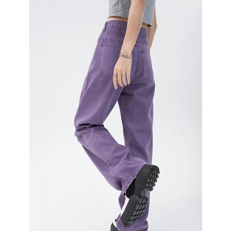 Jeans vintage pour femmes, pantalon en jean droit taille haute violet