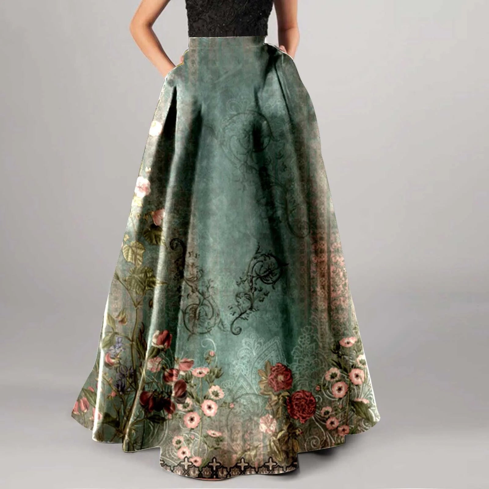 High Waist Pocket Skirts For Women Fashion Bohemian Floral Print Maxi Skirt LADYLYS